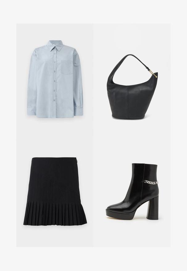 Svetlo modra srajca z dolgimi rokavi in gumbi, s poudarjenim ovratnikom in žepom na prsih, razprostrta na beli podlagi.; Črna nabrana krila z diagonalno prišitimi paneli, prilegajočim pasom in razširjenim robom. Materiali se zdijo lahki in gladki.; Črne lakirane gležnjarje z debelo platformo in visokim blok peto. Imajo srebrno verigo kot okras ob strani. Gladka tekstura.; Črna usnjena torbica ovalne oblike, s širokim pasom in teksturirano površino. Ima subtilno šivano podrobnost in zlate dodatke.