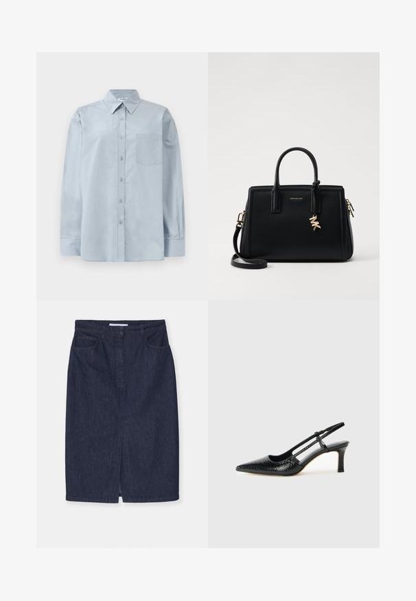 Light blue long-sleeve button-up shirt with pointed collar and chest pocket, laid flat on a white background.; Dark denim pencil skirt with a front slit, two side pockets, and a regular waistband. Clean seams and classic cut without embellishments.; Black patent slingback heel with a pointed toe, featuring textured snake print, adjustable strap, and a short, textured block heel.; Black leather handbag with structured design, dual top handles, detachable shoulder strap, gold hardware, and a logo charm accent.