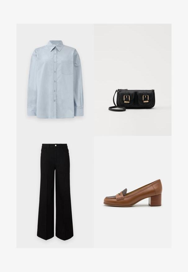 Light blue long-sleeve button-up shirt with pointed collar and chest pocket, laid flat on a white background.; Black wide-leg jeans made of sturdy fabric, featuring a high waist, front pockets, and a front button closure. Flat hem at the bottom.; MICHAEL Michael Kors FRANCES - Classic heels - luggage; Black leather crossbody bag with two front pockets, gold buckles, zipper closure, and a slim strap. Textured surface and compact rectangular shape.