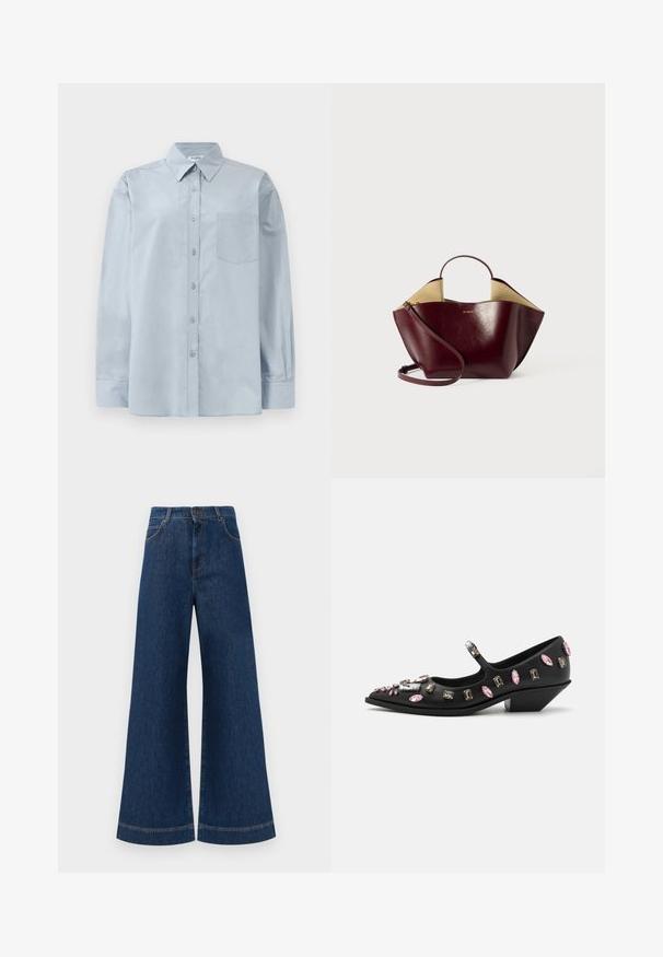 Camisa azul claro de manga longa, com colarinho pontudo e bolso no peito, disposta em cima de um fundo branco.; Jeans azul de perna larga com cintura alta, apresentando um fecho de botão, passantes para cinto e detalhes de costura discretos ao longo dos bolsos e das bainhas.; Sapatilha estilo Mary Jane em couro preto com bico apontado, adornada com pedras de várias formas em rosa e transparente, apresentando um salto baixo em cunha.; Mala de mão de pele bordeaux com um formato estruturado, apresentando uma pega curta, uma alça longa para o ombro e um interior em bege contrastante.