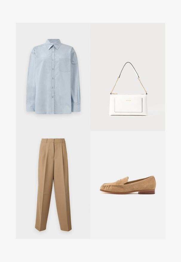 Lichtblauw overhemd met lange mouwen, knoopsluiting, spitse kraag en borstzak, plat gelegd op een witte achtergrond.; Beige op maat gemaakte broek met een hoge taille, geplooide voorkant en wijde pijpen. De stof lijkt glad met een lichte glans.; Suède loafers in lichtbeige met een ronde neus, een voorbandaccent en een lage houten hak. Gladde textuur en minimale stikdetails.; Witte leren handtas met een textuurafwerking, voorzien van een gouden schouderhengsel en zwarte accenten. Inclusief een voorvak en ritssluiting.