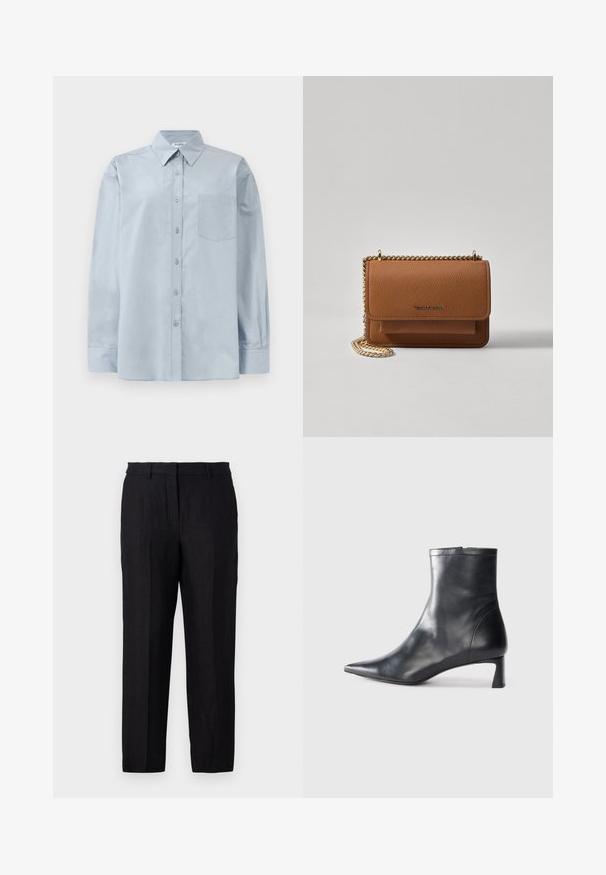 Light blue long-sleeve button-up shirt with pointed collar and chest pocket, laid flat on a white background.; Black linen trousers with a straight fit, featuring a zip fly, belt loops, and front and back pockets. Smooth texture and minimal design.; Black leather ankle boot with a pointed toe and a sleek design. Features a low heel and a zipper closure at the back. Smooth texture.; Brown textured leather crossbody bag with gold chain strap and flap closure. Front features logo detail and a pocket under the flap.