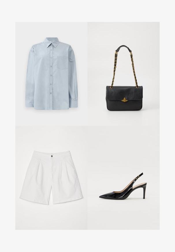 Gai zila garām piedurknēm pogājama krekla ar norādītu apkakli un krūšu kabatu, izlikts uz balta fona.; Balti džinsi īsas bikses ar pleitu priekšpusi, kas aprīkotas ar sānu kabatām un vienu melnu pogu jostasvietā.; Melnas lakotās ādas slingback kurpes ar izteiktu degunu, šauru papēdi un smalku izgriezumu dizainu. Siksniņai ir zelta sprādze.; Melnas ādas rokassoma ar salokāmu atloku, zelta toņa ķēdes siksnu un logo aparatūru priekšpusē. Gluda virsma.