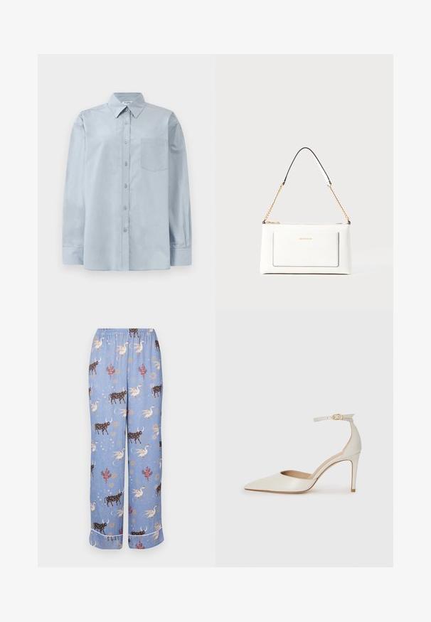 Light blue long-sleeve button-up shirt with pointed collar and chest pocket, laid flat on a white background.; Blue pajama pants with a whimsical pattern featuring cows, mythical creatures, and celestial elements; elastic waistband and wide legs.; White leather high-heeled shoe with a pointed toe, ankle strap, and a slim stiletto heel. Smooth texture with subtle glossy finish.; White leather handbag with a textured finish, featuring a gold chain strap and black accents. Includes a front pocket and zipper closure.