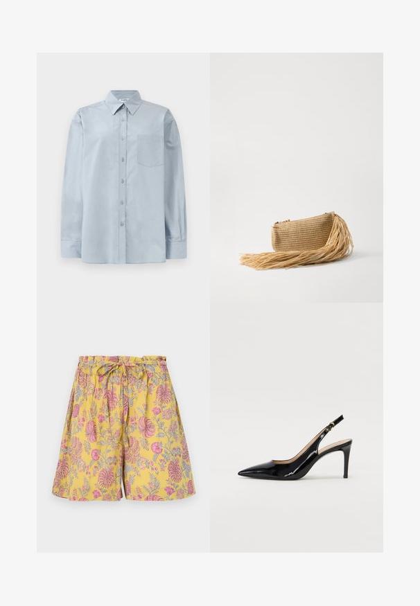 Svetlo modra srajca z dolgimi rokavi in gumbi, s poudarjenim ovratnikom in žepom na prsih, razprostrta na beli podlagi.; Krshorts z rožnatim vzorcem v rumeni barvi, z rožnatimi in sivi oblikami, elastičnim pasom z zanko in ohlapnim, sproščenim krojem.; Črne lakirane slingback čevlje z izostrenim nosom, ozkim peto in subtilnim izrezom. Na traku je zlata sponka.; Cult Gaia VIERA - Pisemska torbica - natural