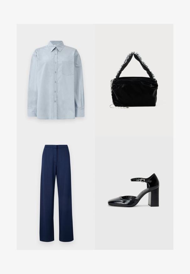 Svetlo modra srajca z dolgimi rokavi in gumbi, s poudarjenim ovratnikom in žepom na prsih, razprostrta na beli podlagi.; Torbene ženske hlače v mornarsko modri barvi, širokega kroja, narejene iz mehkega in elastičnega materiala, z gladkim pasom in diskretnimi stranskimi žepi.; Črne lakirane usnjene čevlje s peto, kvadratnim izrezom, trakovi okrog gležnja in masivno peto. Vsebujejo perforirane detajle ob robu.; Črna torba iz umetnega usnja z teksturirano površino, ki ima bisernat srebrni okras vzdolž zgornjega ročaja in verižni pas.