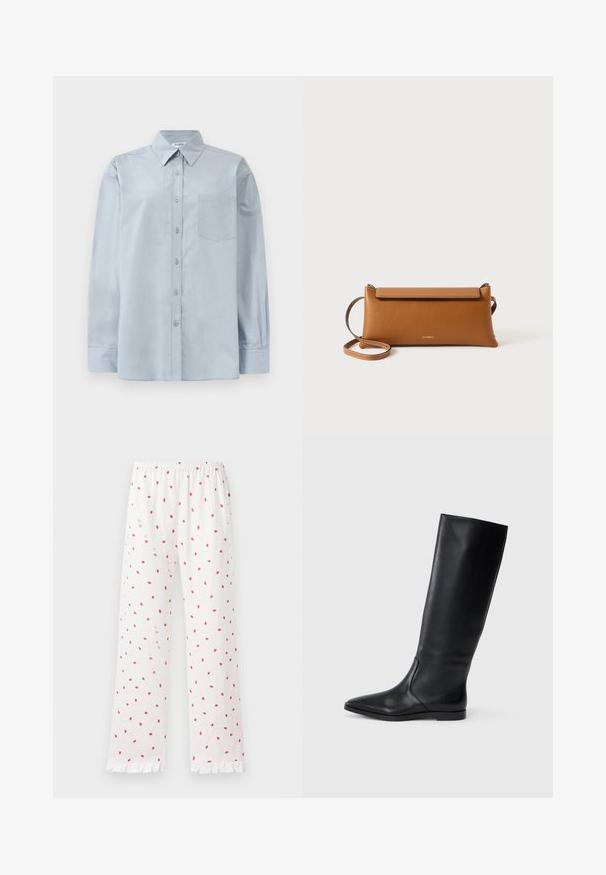Camisa azul claro de manga longa, com colarinho pontudo e bolso no peito, disposta em cima de um fundo branco.; Calças de pijama brancas com pequenas estampas de morangos vermelhos, cintura elástica e barra com folhos. O material aparenta ser macio e leve.; Bota preta de couro até ao joelho com bico fino e design minimalista. Textura suave e sola plana, apresentando discretos detalhes de costura lateral.; Pasta de mão em couro castanho, formato retangular, superfície texturizada, alça destacável, fecho de correr, logotipo subtil embutido na parte da frente.
