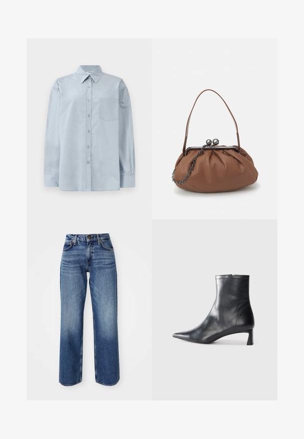 Camicia a maniche lunghe blu chiaro con colletto a punta e taschino sul petto, stesa su uno sfondo bianco.; Jeans azzurri chiari dalla vestibilità rilassata, con vita alta, gambe dritte e una leggera scoloritura. Realizzati in denim con cuciture visibili e accessori in metallo.; Stivaletto in pelle nera con punta affusolata e design elegante. Presenta un tacco basso e una chiusura con zip sul retro. Texture liscia.; Borsa a tracolla in pelle marrone con un design arricciato, manico corto in pelle e tracolla a catena. Presenta una chiusura in metallo argentato con due accenti rotondi.