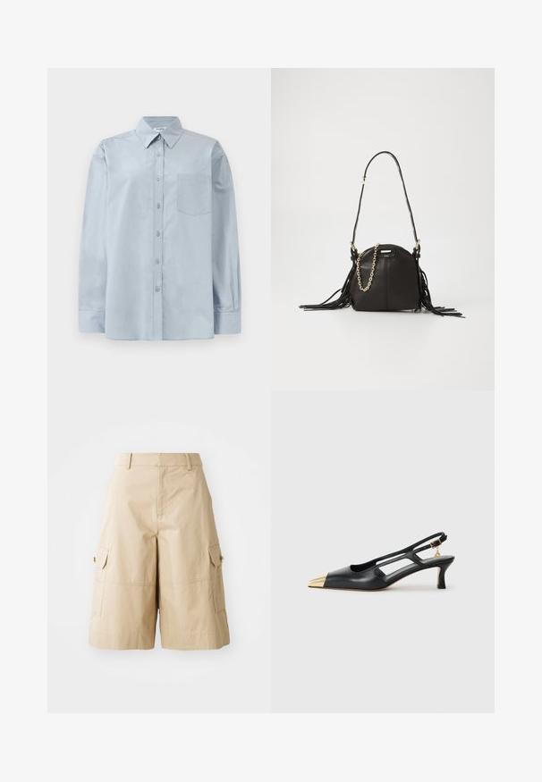 Heled sinine pikendatud varrukatega nööbiga särk terava krae ja rinnataskuga, asetatud tasasele valgele taustale.; Bežidestud püksid kergest kangast, millel on kaks küljetaskut, lapik esiosa ja mugav lõige.; Must must kottislingidega must nahkne king, millel on terav varvas ja kuldne metallist kapuuts. Omab lõikekujundust ning peaõhuke konts koos reguleeritava rihmaga.; Mustvalge nahast käekott ümarate servadega, millel on frantsi kaunistused, pikk õlavarre rihm ja kuldne ketielement.