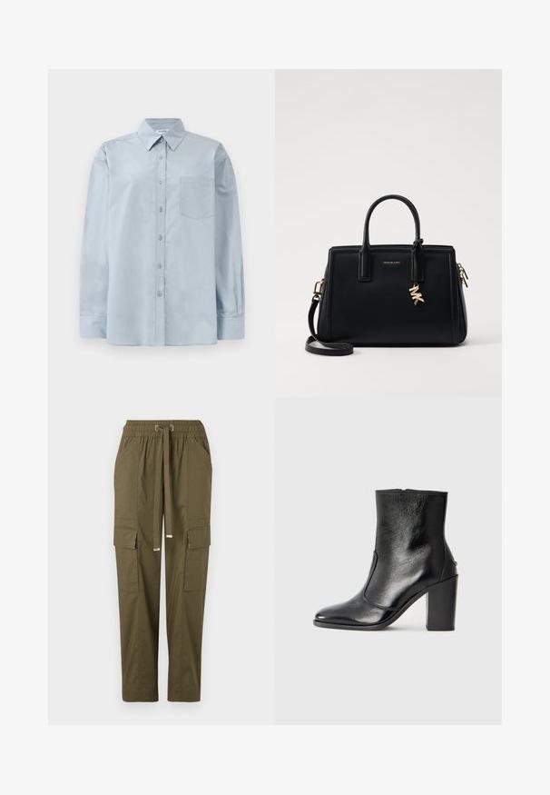 Gai zila garām piedurknēm pogājama krekla ar norādītu apkakli un krūšu kabatu, izlikts uz balta fona.; Olive zaļas kravas bikses ar elastīgu jostu, aukliņu, divām sānu kabatām un divām kravas kabatām, ar gludu kokvilnas tekstūru.; Melnas ādas potīšu zābaki ar gludu tekstūru, smailu purngalu un masīlu augstu papēdi. Iekļauts sānu atvērums un minimālistisks dizains.; Melnas ādas rokas soma ar strukturētu dizainu, dubultiem augšējiem rokturiem, noņemamu plecu siksnu, zelta aparatūru un logo piekariņu akcentu.