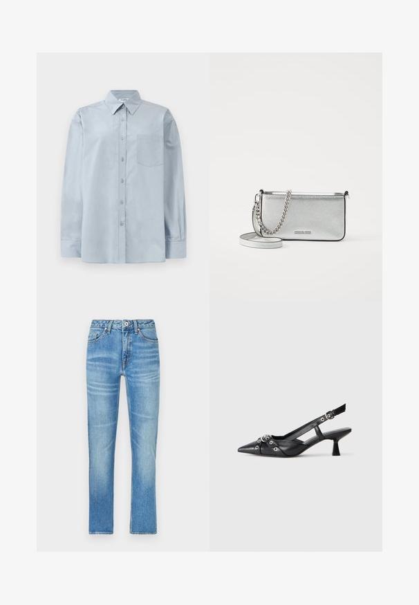 Světle modrá košile s dlouhým rukávem, zapínáním na knoflíky, s špičatým límečkem a náprsní kapsou, položena na bílé pozadí.; Světle modré denimové džíny se střihovým stylem rovné nohavice, obsahující přední kapsy, zapínání na knoflík a jemné vyblednutí látky.; Černé kožené slingback boty s špičatou špičkou, dekorativními pásky s kovovými očky a nízkým blokovým podpatkem. Texturovaný povrch.; Stříbrná kožená kabelka přes rameno s texturovaným povrchem, akcenty z řetízku a popruhu a uzavíráním na zip. Na přední straně má logo.