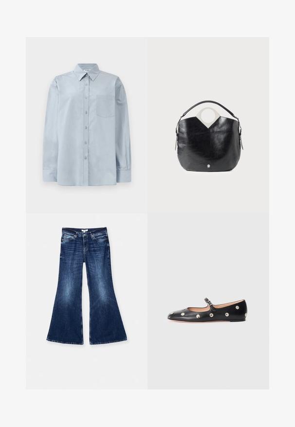 Chemise boutonnière à manches longues, de couleur bleu clair, avec un col pointu et une poche poitrine, posée à plat sur un fond blanc.; RE/DONE BAGGY FLARE - Jean flare - monterey fade; Chaussure plate en cuir noir type Mary Jane avec un bout arrondi, ornée de clous ronds en argent et dotée d'une sangle réglable avec une boucle.; Sac en cuir noir avec une forme arrondie, une poignée supérieure circulaire et un détail de logo en argent. Texture lisse et fonction de design découpé notable.