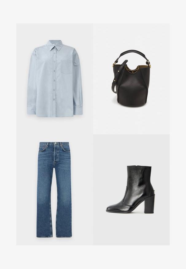 Svetlo modra srajca z dolgimi rokavi in gumbi, s poudarjenim ovratnikom in žepom na prsih, razprostrta na beli podlagi.; Modri kavbojki iz denima, s ravno krojem, petimi žepi, gumbom za zapiranje in subtilno zbledelimi področji na stegnih.; Črne usnjene gležnarske čevlje z gladko teksturo, koničastim nosom in debelim visokim petam. Imajo stransko odprtino in minimalističen dizajn.; Črna usnjena torba v obliki kante z teksturirano površino, z zlatimi kovinskimi detajli in odprtim vrhom. Ima kratek ročaj in prilagodljiv ramenski trak.
