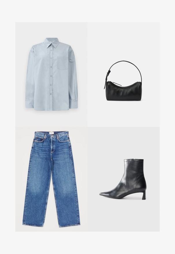 Šviesiai mėlynas ilgomis rankovėmis marškiniai su smailiu apykakle ir krūtinės kišene, ištiesti ant baltos fono.; Mėlynos plačios džinsinės kelnės su penkiomis kišenėmis, tiesiomis kojomis ir papildomomis siūlėmis. Prekės ženklo etiketė matoma ties liemeniu.; Juodas odinis kulkšninis batas su smailiu pirštu ir elegantišku dizainu. Turi žemą kulną ir užtrauktuką gale. Lygi tekstūra.; Juodas odinis petinis krepšys su kreivėmis, užtrauktuko uždarymu ir plonu dirželiu. Pasižymi lygiu paviršiumi ir subtiliais siuvinėjimo akcentais.