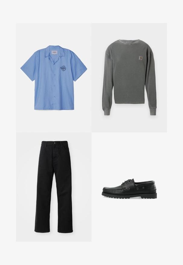 Kurzärmliges Hemd in heller blauer Stoff, mit einem spitzen Kragen und einem schwarzen Logo, das auf der linken Brustseite gedruckt ist.; Grauer Langarm-Sweatshirt mit Rundhalsausschnitt und gerippter Textur, ausgestattet mit einem kleinen quadratischen Logopatch auf der linken Brust und gerippten Bündchen.; Schwarze Jeans mit geradem Schnitt, ausgestattet mit Fronttaschen, einem Reißverschluss und einem einzelnen oberen Knopf. Texturiert mit matter Oberfläche.; Schwarze Lederbootsschuhe mit strukturierten Oberflächen, Schnürdesign, Gummisohle mit Traktion und Metallösen an den Seiten.