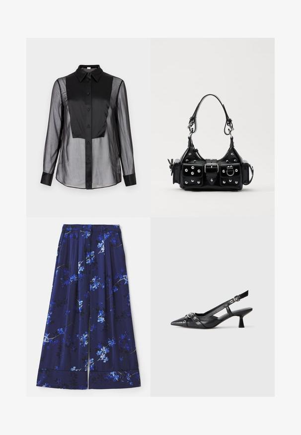 Czarna koszula z guzikami, z przezroczystym przodem i gładkimi czarnymi panelami. Posiada kołnierz, długie rękawy i gładką fakturę.; Granatowa spódnica z kwiatowym wzorem, w niebieskie i białe kwiaty. Materiał jest gładki, z zakładkami i szerokim dołem.; Czarne skórzane buty typu slingback z ostrym noskiem, ozdobnymi paskami z metalowymi oczkami oraz niskim klinowym obcasem. Teksturowana powierzchnia.; Czarna skórzana torebka w zakrzywionym kształcie, z srebrnymi ćwiekami, klamrą i dwoma bocznymi kieszeniami. Regulowany pasek umożliwiający różne opcje noszenia.