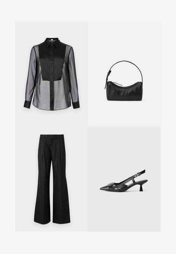 Black button-up shirt with a sheer front and solid black panels. Features a collared neck, long sleeves, and a smooth texture.; Alice + Olivia Trousers - charcoal grey; Black leather slingback shoe with a pointed toe, decorative straps featuring metal eyelets, and a low block heel. Textured surface.; Black leather shoulder bag with a curved design, zip closure, and a slim strap. Features a smooth texture and subtle stitching details.