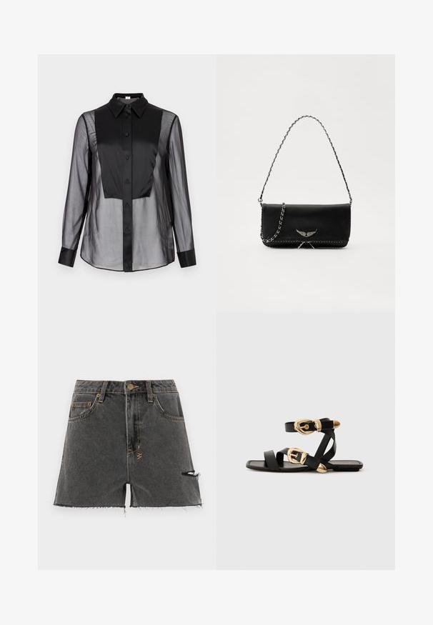 Juodas marškinėlių su knopkėmis švarkelis su permatomu priekiu ir tvirtais juodais šoniniais skydais. Turi apykaklę, ilgomis rankovėmis ir lygią tekstūrą.; Tamsiai pilkos džinsinės šortai su suplyšusiu kraštu, nusidėvėjusiais akcentais ir kontrastinga geltona siūle. Yra tradicinės kišenės ir priekinis mygtukas.; Juodos odinės šlepetės su auksiniais sagtelėmis, turinčios daugybę dirželių ir plokščią padą, skirtos atviriems pirštams.; Juodas odinis delninukas su sidabro spalvos grandinele, papuoštas dekoratyviniais sparnų akcentais ir balta siūle apačioje.