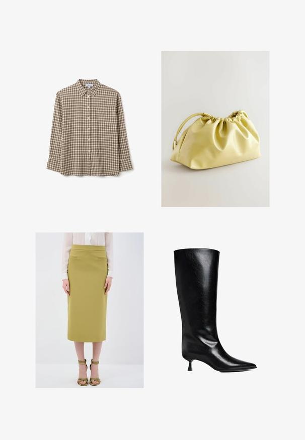 Chemise à carreaux marron et crème avec un devant à boutons, un col, des manches longues et une poche poitrine. Fabriquée dans un tissu doux et tissé.; Jupe crayon olive verte longueur genoux avec de subtils poches latérales, assortie à des talons à lanières oliviers et une blouse blanche à volants.; Boot en cuir noir, montant jusqu'au genou, avec un bout pointu, une silhouette élancée et un talon carré bas, le tout avec une finition brillante.; Next Pochette - yellow