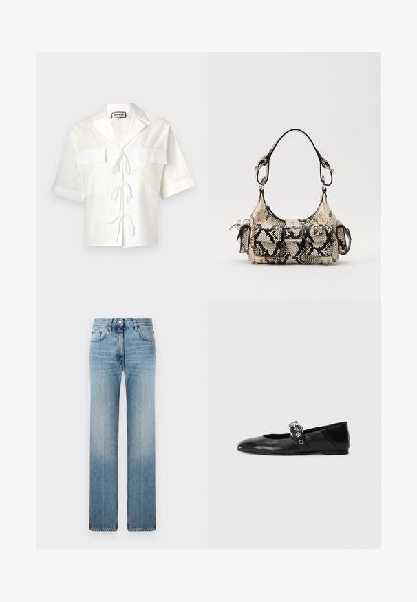 Bijela košulja kratkih rukava s ovratnikom, koja ima dvije prednje džepove i vezanje sredinom. Tekstura tkanine s suptilnim uzorkom.; Svijetloplave traperice ravnog kroja, s blagim izbljeđivanjem, klasičnim dizajnom s pet džepova i metalnim kopčanjem u struku.; Crne kožne baletanke s špicastim nosom, s remenom s okruglom metalnom kopčom i ravnim potplatom.; Pythonprint torbica u bež i crnoj boji, s naglašenim oblikom, detaljem kopče i dvostrukim naramenicama. Teksturirana površina.