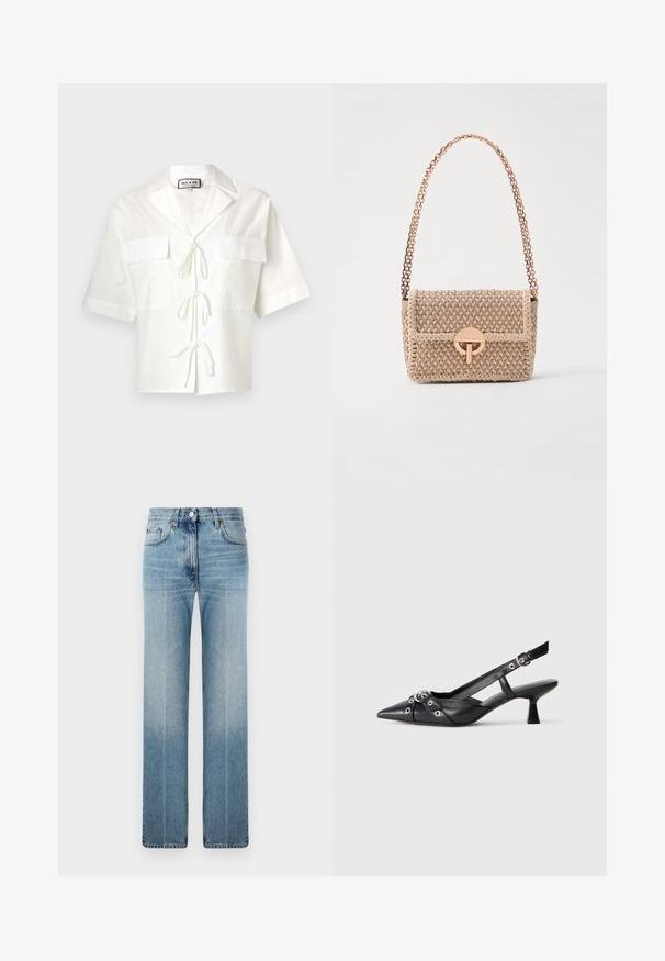 Vit kortärmad skjorta med krage, med två framfickor och en knytning i mitten. Texturerad tyg med ett subtilt mönster.; Ljusblå raka jeans i denim, med subtila blekningar, klassisk femfickdesign och metallknappsstängning i midjan.; Svart lädersko med slingback-design, spetsig tå, dekorativa remmar med metallöglor och en låg klack. Texturerad yta.; Vanessa Bruno MOON - Axelremsväska - beige/ivoire