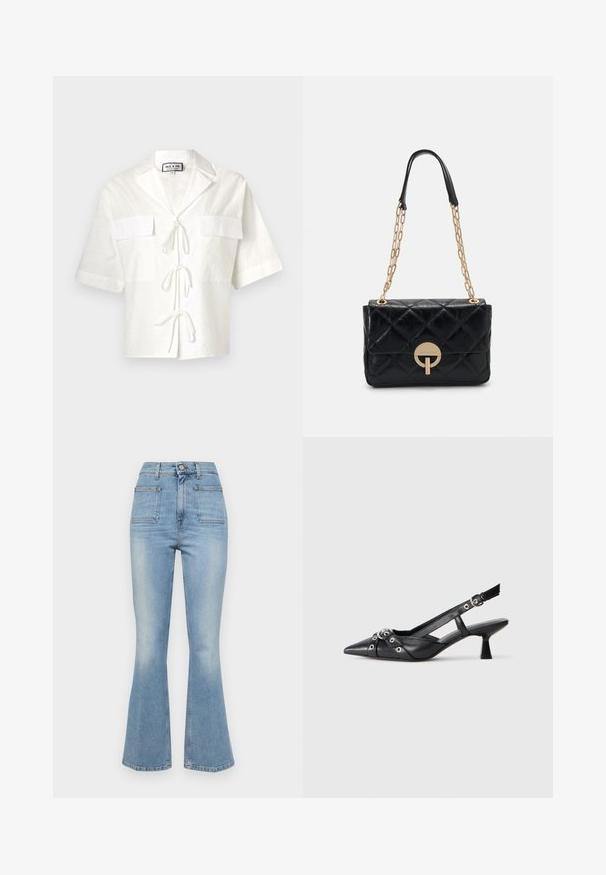 Bela kratka majica s kratkimi rokavi in ovratnikom, ki ima dve sprednji žepi in zavezovanje na sredini. Tekstura tkanine z diskretnim vzorcem.; Svijetloplave traperice s razvedenim nogavicama viskog struka, pet džepova i suptilnim izbljeđenjem duž rubova. Izrađene su od pamučnog trapera.; Črne usnjene sandale središnje zaponke z ostro konico, okrasnimi trakovi z kovinskimi očesi in nizko blokasto peto. Teksturirana površina.; Črna prešita usnjena torbica z zlatim verižnim ročajem, ki vsebuje okroglo zapiralno podrobnost. Kompaktna pravokotna oblika z gladko teksturo.