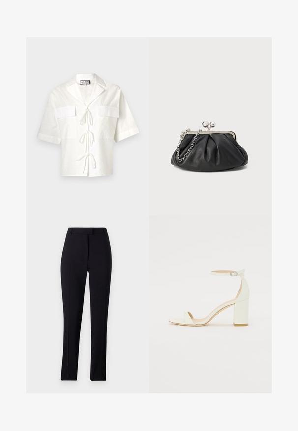 Biela krátkorpová košele s golierom, so dvoma prednými vreckami a viazaním v strede. Štruktúrovaná tkanina s jemným vzorom.; Čierne elegantné nohavice s rovnými nohavicami, hladkou textúrou a bez viditeľných vzorov alebo ozdôb.; Biele kožené sandále na blokovom podpätku s remienkom okolo členku a minimalistickým dizajnom. Otvorená špička a hladké textúry po celom povrchu.; Čierna kožená kabelka s vrúbkovou textúrou, strieborným kovovým rámom, uzáverom na pobozkanie a retiazkou na nosenie. Hladký, jemný povrch.