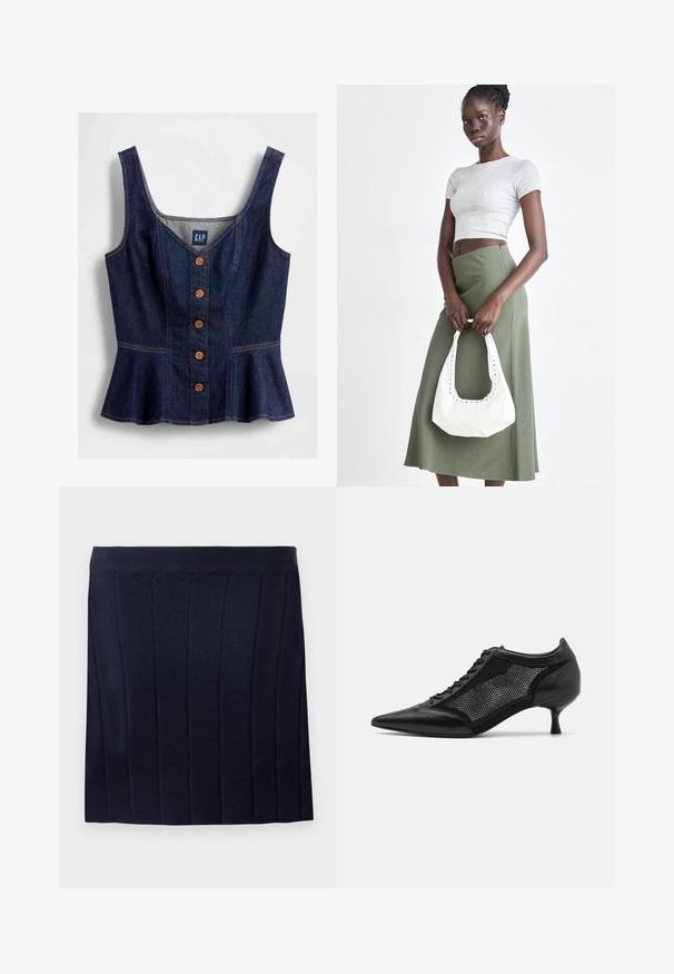 Granatowy top typu peplum z denimu, z dekoltem w serek, zapinany z przodu na pięć brązowych guzików, z dopasowanym gorsetem.; Object OBJTHESS granatowy; Czarny but na szpilce z ostrym noskiem, z panelem z siateczki, z niskim obcasem i sznurowanym przodem. Wykonany z połączenia skóry i materiału siateczkowego.; Szary prążkowany crop top i oliwkowa spódnica o wysokim stanie. Modelka trzyma białą torebkę na ramię z wycięciami. Prosty design, dopasowany krój.