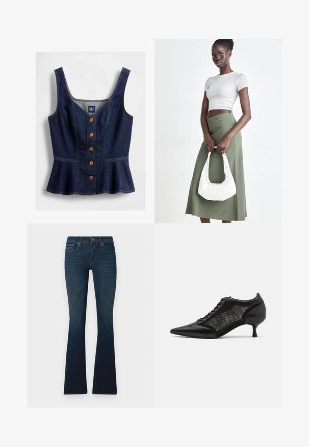 Jeans-Peplum-Oberteil in Dunkelblau mit rundem Ausschnitt, durchgehendem Knopfleisten mit fünf braunen Knöpfen und tailliertem Oberteil.; Dunkelblaue, weit ausgestellte Jeans aus Denim, mit einem Bund und einem Frontknopf, schrägen Taschen und dezenten Steppnähten.; Schwarzer spitzer Schuh mit einem Mesh-Panel-Design, ausgestattet mit einem niedrigen Absatz und einer Schnürung vorne. Hergestellt aus einer Kombination von Leder und Mesh-Material.; Grauer gerippter Croptop und olivgrüner Rock mit hoher Taille. Das Modell hält eine weiße Schultertasche mit Ausschnittdetails. Schlichte Gestaltung, taillierte Silhouette.