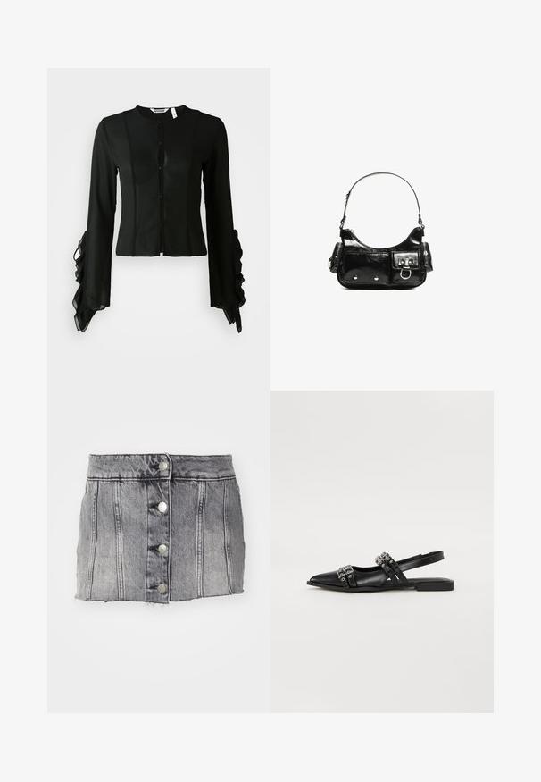 Fekete blúz sima anyagból, magas nyakkivágással, gombos elülső résszel és hosszú ujjakkal, amelyeknél fodros részletek találhatók a mandzsettán.; Szürke farmer szoknya magas derékkal, öt ezüst gombbal, függőleges varrással és nyers szegéllyel. Formás szabású és puha tapintású.; Even&Odd Balerina cipők - black; Fekete lakkbőr kézitáska ívelt formával, egy vállpánttal, elülső zsebekkel és ezüstszínű fémrészletekkel.