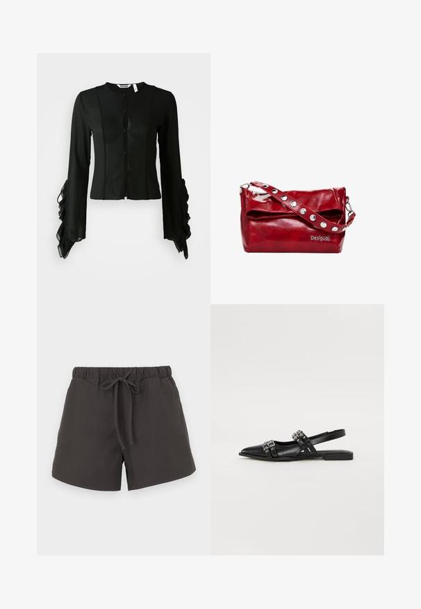Crna bluzica od glatkog materijala, s visokim dekolteom, dugim rukavima i prednjim zatvaranjem na dugmad, sa nabranim detaljima na manžetama.; Tamno sivi pamučni šorc s elastičnom trakom u struku, podešavnom vezicom i slobodnim krojem. Glatka tekstura bez vidljivih uzoraka ili ukrasa.; Even&Odd Salonke - black; Crvena torba od sintetičke kože na rame s preklopnim poklopcem, srebrnim kopčama na remenu i otisnutim logotipom "Desigual".