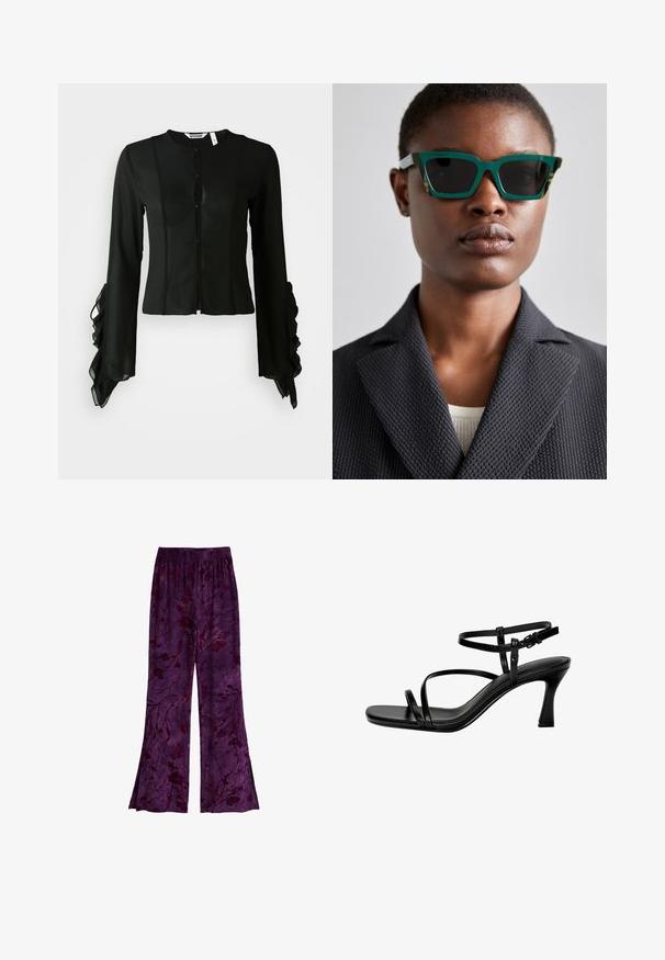 Blusa nera realizzata in tessuto liscio, con scollatura alta, chiusura a bottoni frontale e maniche lunghe con dettagli arricciati ai polsini.; Pantaloni viola fluidi con motivo floreale in tonalità più scure, realizzati in un tessuto leggero con una vita elastica. Design svasato.; Sandali con tacchi in pelle nera, caratterizzati da sottili cinturini, punta quadrata e tacco a stiletto. Cinturino alla caviglia regolabile per una vestibilità perfetta. Texture liscia.; Occhiali da sole verdi e con motivo, con una montatura geometrica; lenti scure; il modello indossa un blazer nero strutturato sopra una maglietta chiara.; Borsa a spalla nera in materiale sintetico con silhouette curvilinea, finitura testurizzata, logo triangolare dorato e dettagli in metallo removibili.