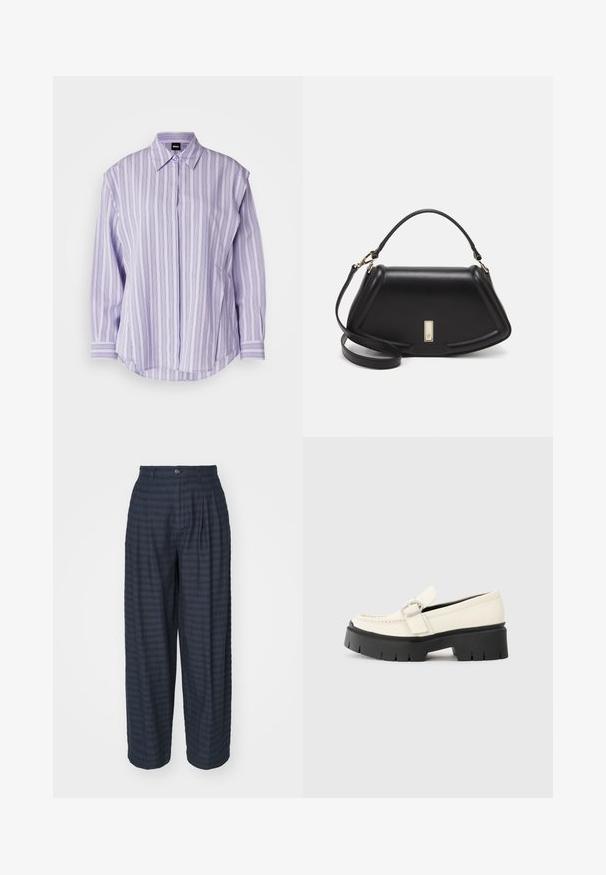 Purple striped button-up shirt with a relaxed fit, long sleeves, pointed collar, and rounded hem. Fabric texture appears smooth.; Mads Nørgaard BLUST PARIA PANTS - Trousers - deep well; White leather loafer with a chunky black platform sole, featuring a rectangular silver buckle and visible stitching detail on the upper.; Black leather handbag with a structured design, featuring a cropped shape, top handle, and gold hardware accent. Adjustable shoulder strap included.