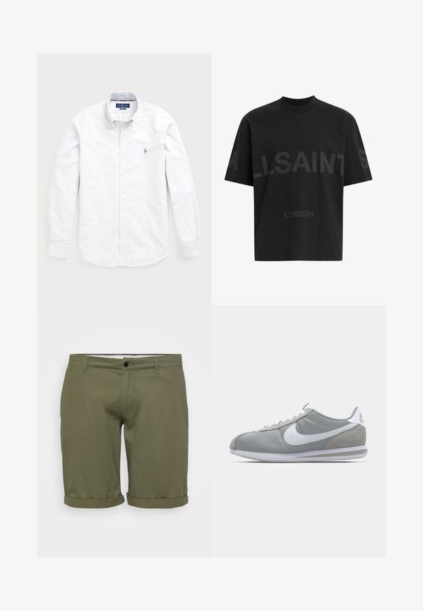 Bijela košulja dugih rukava od pamuka. Ima široki ovratnik, dugmad na prednjoj strani i mali vezeni logotip na prsima.; Crna oversize majica s tamnosivim natpisom "ALLSAINTS" preko prsiju i "LONDON" manjim slovima ispod.; Maslinasto zelene kratke hlače s glatkom teksturom, prevrnutim rubovima, dugmetom na prednjem dijelu pojasu i bočnim džepovima. Jednostavan, krojen dizajn za svakodnevno nošenje.; Sive sportske tenisice s gornjim dijelom od antilopa i tekstila, bijelim Nike swooshom i bijelim vezicama. Imaju teksturirani gumeni đon i podstavljeni ovratnik.