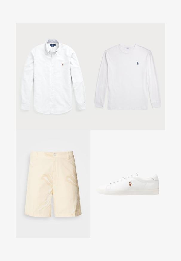 Balta garām piedurknēm poga-krekla krekls, izgatavots no kokvilnas. Iespējojot izkliedētu apkakli, pogu aizdari un mazu izšūtu logotipu uz krūtīm.; Baltas garām piedurknēm T-krekls, izgatavots no kokvilnas. Tam ir apaļa kakla izgriezne, ribotas piedurknes un neliels tumši zilas polo logo kreisajā krūtī.; Kokvilnas šorti gaiši dzeltenā krāsā ar ziedu rakstu. Iezīmējas ar pogu aizdari, priekšējām kabatām un taisnu griezumu ar apšūtām malām.; Baltas ādas sporta apavi, zema dizaina, ar gludu tekstūru, noapaļotu purngalu, ar auklēm priekšpusē un nelielu izšūtu logotipu sānos.