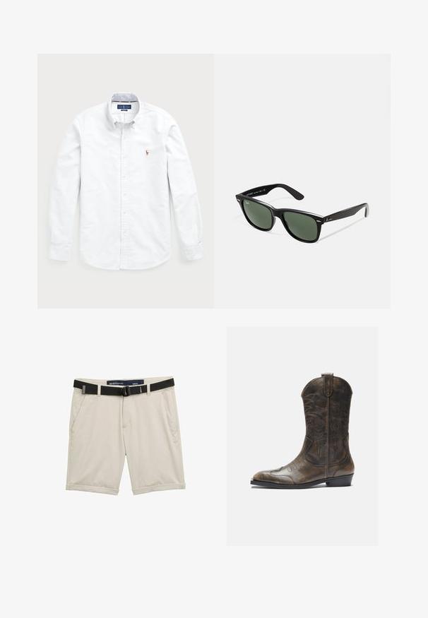 Vit långärmad skjorta med knappstängning, tillverkad av bomull. Har en spridd krage, knappstängning och en liten broderad logotyp på bröstet.; Beige shorts med ett svart justerbart bälte. Tillverkade av lätt tyg, med sidofickor och uppvikta ärmar för en avslappnad look. Storlek M.; Brun läder cowboystövel med en hög skafthöjd, spetsig tå, intrikata sömnadsmönster och en liten klack. Texturerad yta hela vägen.; Svarta plastsolglasögon med gröna linser, fyrkantiga bågar, silverdetalj på ögonbrynet och texturerade skalmar. Angiven märkning på den inre skalmen.