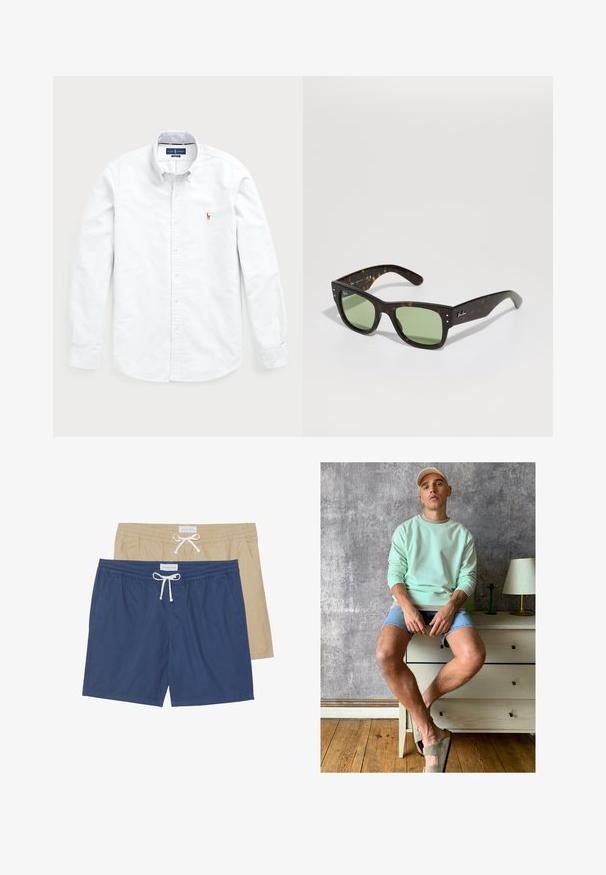 Chemise blanche à manches longues, boutonnée, en coton. Elle se distingue par un col évasé, une fermeture à boutons et un petit logo brodé sur la poitrine.; Deux paires de maillots de bain : une bleue marine et une beige, dotées de ceintures élastiques, de détails avec cordon de serrage et de poches latérales.; Sweatshirt vert menthe, shorts en denim et chaussures à enfiler vert olive. Assis sur un bureau en bois clair contre un mur texturé gris.; Lunettes de soleil en écaille de tortue brune avec des verres verts, de forme carrée et avec des accents en métal. Présente un logo sur la branche gauche. Fini mat.