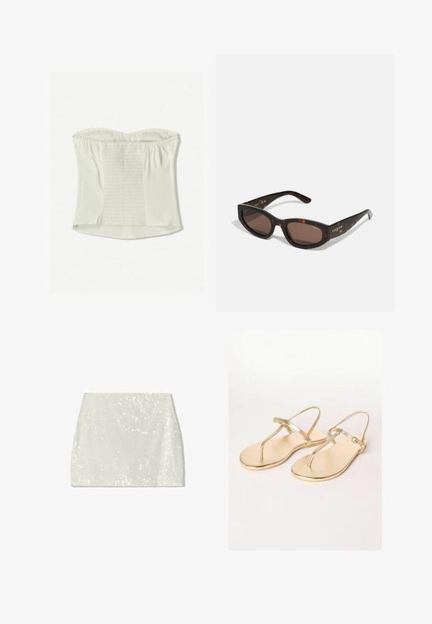 Witte straploze top met een geplooide textuur in het midden, gladde randen en een verborgen zijrits. Zachte stof, getailleerde silhouette.; Bershka A-lijn rok - white; Friends Like These REGULAR FIT - TOE THONG FIT - Teensandalen - gold; Bruine schildpadzonnebril met een rechthoekige vorm, donkerbruine lenzen en gouden 'vogue'-branding op de pootjes.; Metalen gouden schoudertas met een gebogen vorm, een gladde textuur, een platte schouderband en een decoratieve gesp detail aan de voorkant.; Gouden bangle met een gladde buitenkant en een gestructureerde binnenkant. Kenmerkt zich door een brede, ronde vorm met een open uitsparing aan één kant.