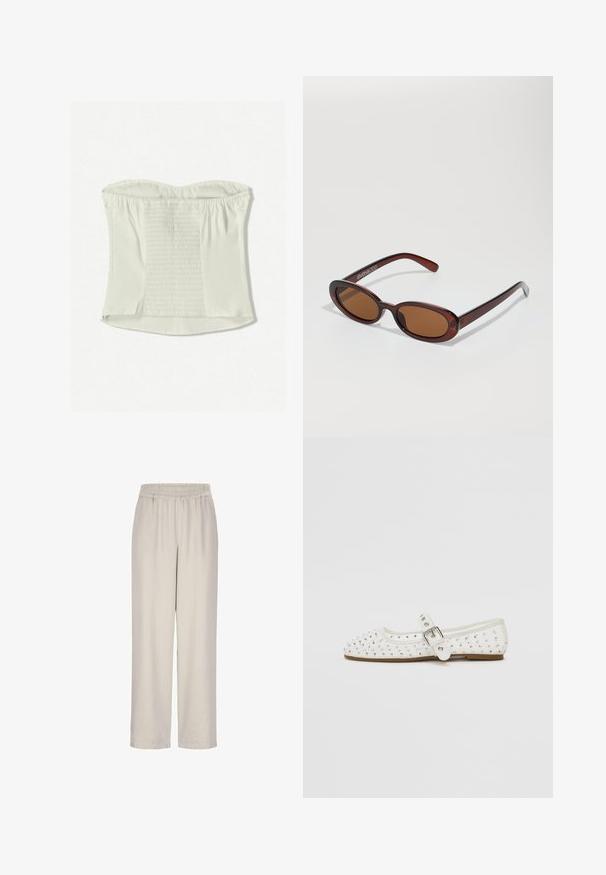 Witte straploze top met een geplooide textuur in het midden, gladde randen en een verborgen zijrits. Zachte stof, getailleerde silhouette.; Lichtgrijze, wijde broek met een elastische tailleband, gemaakt van een gladde stof. Ze hebben een losse, vloeiende pasvorm zonder zichtbare zakken.; Witte platte schoen met een spitse neus, versierd met zilveren studs, beschikt over een gespsluiting over de wreef en een lichtbruine zool.; Ronde, bruin getinte zonnebril met een glanzend bordeauxrood frame. Slanke pootjes met subtiele merkdetails. Vlakke lensontwerp.