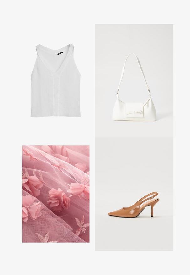 Massimo Dutti FLOWING DOUBLE FABRIC GARMENT - Top - white; Rosa Tüllstoff mit floralen Applikationen und gestickten Blattmustern, mit einer weichen, durchsichtigen Textur und geschichteter Optik.; Spitz zulaufender Slingback-Absatz aus einem glatten, glänzenden, tanfarbenen Material. Mit einem geschwungenen Ausschnitt-Design und einem schlanken Stiletto-Absatz. Silberne Schnallendetails.; Weiße synthetische Handtasche in dreieckiger Form, flache Vorderklappe und Schleifendetail, verstellbarer Trageriemen, glatte Textur und minimalistisches Design.