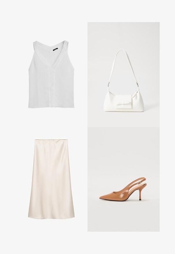 Massimo Dutti FLOWING DOUBLE FABRIC GARMENT - Top - white; Satijnen midi-jurk in off-white, rechte snit met een elastische tailleband, gladde textuur en geen zichtbare patronen of accenten.; Puntige slingback hak in een glad, glanzend beige materiaal. Bevat een gebogen uitsnijdontwerp en een slanke stiletto hak. Zilveren gesp detail.; Witte synthetische handtas met een driehoekige vorm, platte voorklep en strikdetail, verstelbare schouderriem, gladde textuur en minimalistisch ontwerp.