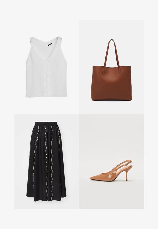 Massimo Dutti FLOWING DOUBLE FABRIC GARMENT - Top - white; Black skirt with an elastic waistband, featuring wavy rows of gold studs along the front. Made from a soft fabric with a flowing design.; Pointed toe slingback heel in a smooth, glossy tan material. Features a curved cutout design and a slender stiletto heel. Silver buckle detail.; Brown leather tote bag with a smooth texture, open top design, and two shoulder straps. Features minimal stitching and no visible hardware.