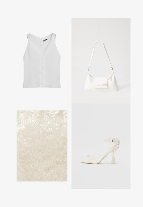 Massimo Dutti FLOWING DOUBLE FABRIC GARMENT - Top - white; Beige gebreide stof met verspreide witte pailletten, die een textuurpatroon creëren. De pailletten weerkaatsen het licht, wat een subtiele glans toevoegt.; Strappy hoge hak sandaal in wit leer met een slank ontwerp, een transparante blokhak en een decoratief element bij de teen.; Witte synthetische handtas met een driehoekige vorm, platte voorklep en strikdetail, verstelbare schouderriem, gladde textuur en minimalistisch ontwerp.