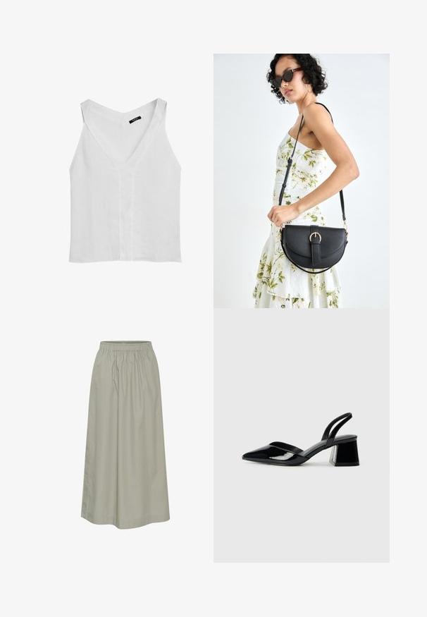 Massimo Dutti - Top; Jasnozielona spódnica do kolan z miękkiego materiału, z elastycznym pasem, z marszczoną konstrukcją i dyskretnymi detalami szwów.; Czarne lakierowane półbuty na obcasie z wydłużonym noskiem i geometrycznym słupkiem. Charakteryzują się eleganckim, minimalistycznym designem oraz gładką fakturą.; Czarna skórzana torebka o zakrzywionym kształcie, z odpinanym paskiem i złotymi akcentami. Torebka posiada klapę z zapięciem w kształcie klamry.