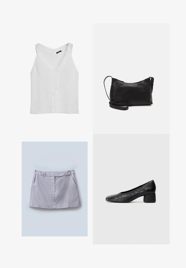 Massimo Dutti FLOWING DOUBLE FABRIC GARMENT - Top - white; Grauer Rock mit glatter Textur, flachem Taillenbund, zwei Vorderpockets und geradem Schnitt.; Schwarze Lederpumps mit runder Zehenpartie und mittelhohem Blockabsatz. Glatte Textur mit minimalen Details, ausgestattet mit einem dezenten elastischen Einstieg.; Schwarze Ledertasche für die Schulter mit glatter Textur, geschwungener Form, verstellbarem Tragegurt und Reißverschluss. Minimalistisches Design ohne Verzierungen.