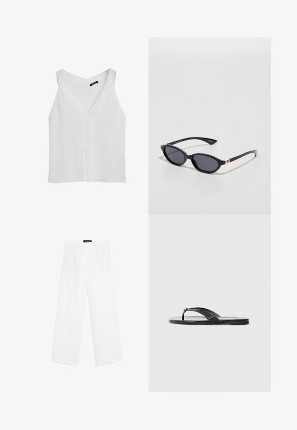Massimo Dutti FLOWING DOUBLE FABRIC GARMENT - Top - white; White linen wide-leg pants with a smooth texture, featuring a mid-rise waist, two front pockets, and a simple design.; Black flip-flop sandal with a glossy finish, featuring a thin strap and a small decorative accent on the toe post. Flat sole design.; Black sunglasses with oval lenses, dark gradient tint, and slim arms featuring subtle gold accents. Smooth plastic finish.; Beige leather handbag with top handles, adjustable strap, logo detail, and gold-tone hardware. Smooth texture and structured shape.