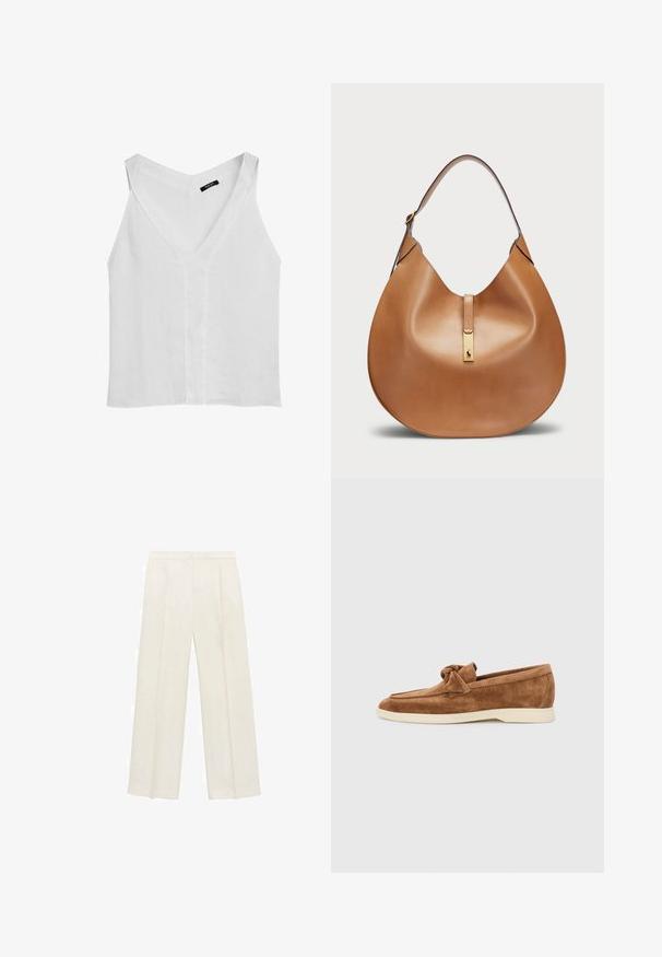 Massimo Dutti FLOWING DOUBLE FABRIC GARMENT - Top - white; Weit geschnittene Hosen in einem hellen cremefarbenen Farbton. Hergestellt aus einem glatten Stoff mit Falten an der Vorderseite und seitlichen Taschen.; Braune Wildleder-Loafers mit einer geknoteten Schleifenakzentuierung, einem flachen Design und einer kontrastierenden cremefarbenen Gummisohle.; Taschenhandtasche aus braunem Leder mit geschwungener Form und breitem Schultergurt. Sie verfügt über einen goldenen Metallakzent in der Mitte und eine glatte Textur.