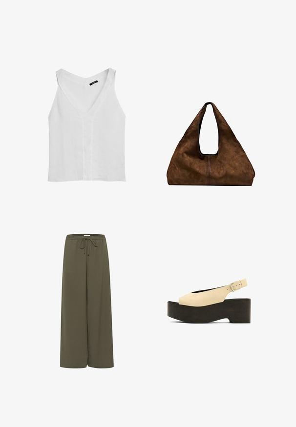 Massimo Dutti FLOWING DOUBLE FABRIC GARMENT - Linne - white; Olivgrön vida byxor i mjukt material, med elastisk midja, justerbar dragsko och inga synliga mönster eller detaljer.; Beiga mockaskinns plattformssandaler med öppen tå, sandleksdesign och en mörk träliknande bas, med en metallspänne för justering.; Brun mocka axelväska med öppen topp. Har en djup, bred kropp, urgröpt handtag och minimal sömnad för en ren design.