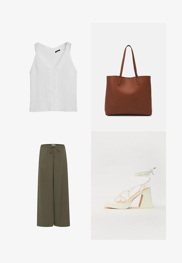 Massimo Dutti FLOWING DOUBLE FABRIC GARMENT - Débardeur - white; Pantalons large en vert olive avec une texture douce, taille élastique, cordon de serrage ajustable, sans motifs ni accents visibles.; Sandale blanche à talons hauts avec un talon épais, présentant un design à lanières et un lien autour de la cheville. Texture lisse avec une plateforme à l'avant pour une hauteur supplémentaire.; Sac fourre-tout en cuir marron avec une texture lisse, design à ouverture supérieure et deux poignées pour le porter à l'épaule. Présente des coutures minimales et aucun matériel visible.
