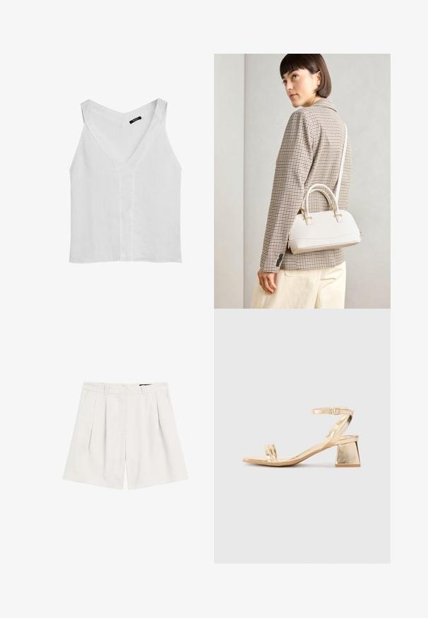 Massimo Dutti FLOWING DOUBLE FABRIC GARMENT - Top - white; Light beige pleated shorts made of textured fabric. Features a waistband with belt loops and a zip fly for closure.; Gold metallic heeled sandal with an angular block heel, two straps over the foot, and an adjustable ankle strap. Smooth texture.; White structured handbag with short handles and a shoulder strap, featuring gold hardware accents and textured material, displayed against a grey background.